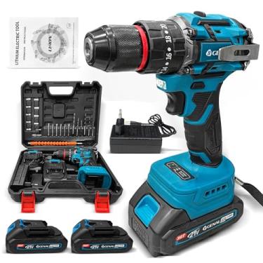 Imagem de Furadeira Elétrica Sem Escova 21V, Azul, 2 Velocidades, LED Iluminação, 70 N.m Torque, 0-1950 RPM, com 2 Baterias e Maleta
