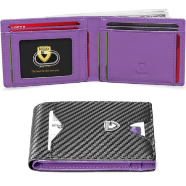 Imagem de GSOIAX Carteira masculina fina de couro com bloqueio de RFID, bolso frontal, bolso frontal, suporte para cartão de crédito de fibra de carbono com caixa de presente, Preto de carbono e roxo, Slim