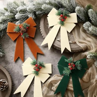 Imagem de Knitgrip 12 peças de laços de Natal de veludo marrom, verde e bege, 20 x 15 cm, grandes, à prova d'água, decorativos, com pinheiros, agulhas de pinheiro, para guirlanda de flores, árvores de Natal