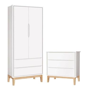 Imagem de Cômoda Gaveteiro E Guarda Roupa Infantil 2 Portas New Classic Branco Com Pés Madeira Natural - Reller