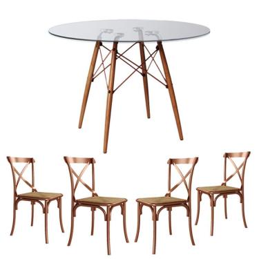 Imagem de Conjunto De Mesa Eiffel Redondo Tampo De Madeira 90Cm Branco Com 4 Cadeiras Cobreo Corano Beg