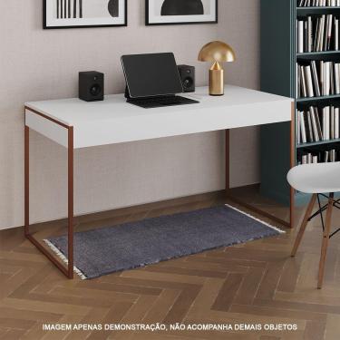 Imagem de Escrivaninha Industrial Madeira Padrão Office Branca Malta Com Base Cobre Marrom