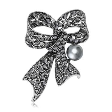 Imagem de RLHRNDE Broche de laço de strass para mulheres vintage brilhante grande laço pérola lapela broche elegante cristal laço corpete para vestido, terno, camisa, acessórios de roupas, casamento