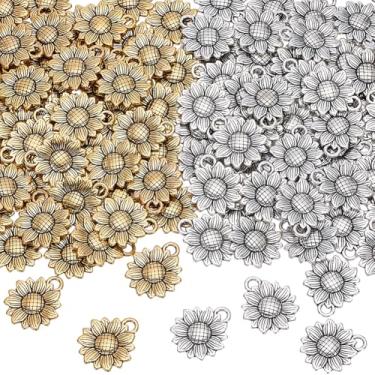 Imagem de SUNNYCLUE Pingentes de girassol prateados, 120 peças, 2 cores, amuletos em forma de flor, tibetano, ouro, antigo, liga metálica, primavera, verão, margarida, pingentes, brincos, brincos, pulseiras