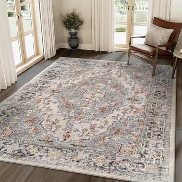 Imagem de ESSMOKO Tapete de área vintage artificial caxemira tapete luxuoso sala de estar quarto tapete de cabeceira lavável na máquina fácil de cuidar, 90 * 150 cm, cinza vermelho