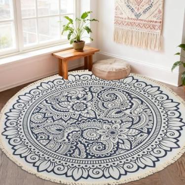 Imagem de Lacomfy Tapete redondo de 1,8 m, boho fazenda para quarto, sala de estar, sala de jantar, tapete floral rústico, borla antiderrapante, lavável, pelo baixo, Paisley