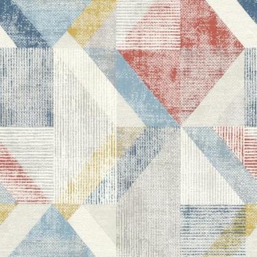 Imagem de Livelynine Papel de parede de 44,5 x 701 cm geométrico boho bege branco cinza vermelho azul e dourado patchwork tecido de linho papel de parede para paredes banheiro locatário amigável moderno papel