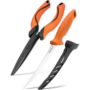 Imagem de pullther fishing Kit de ferramentas de pesca de 2 peças – Faca de filete de 18 cm, alicate de pesca de 23,9 cm, aço carbono com revestimento de teflon, removedor de anzol, alicate de pesca para água