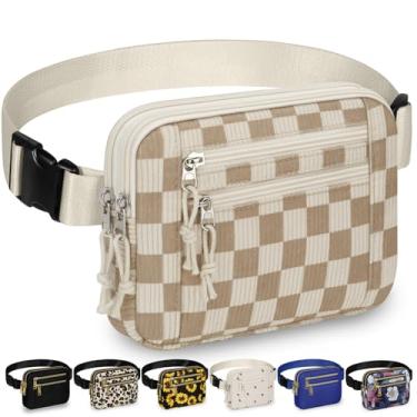 Imagem de Capolo Pochetes femininas modernas com alça ajustável e 4 bolsos com zíper, impermeável, em todos os lugares, bolsa de cinto transversal para treino, corrida, viagem, Veludo cáqui xadrez, Large