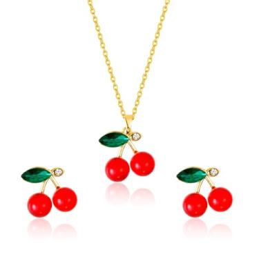 Imagem de RLHRNDE Conjunto de colar de brincos de cereja de cristal vermelho para mulheres banhado a ouro 18K com pingente de fruta doce delicado verão charme tropical declaração de Natal joia presente, Medium
