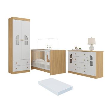 Imagem de Quarto De Bebê Completo Com Berço 3 Em 1 Colchão Incluso Amora Multimóveis MP4577 Madeirado-branco