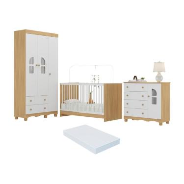 Imagem de Quarto De Bebê Completo Com Berço 3 Em 1 Colchão Incluso Aurora Multimóveis MP4576 Madeirado-branco