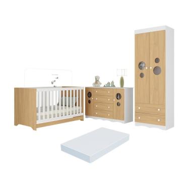 Imagem de Quarto De Bebê Completo Berço Americano 3 Em 1 Colchão Sonho Multimóveis MP4643 Branco-madeirado