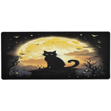 Imagem de Wassud Mouse pad de gato preto para jogos com base de borracha antiderrapante, mouse pad longo para teclado de computador com borda costurada, almofada grande à prova d'água para escritório, casa