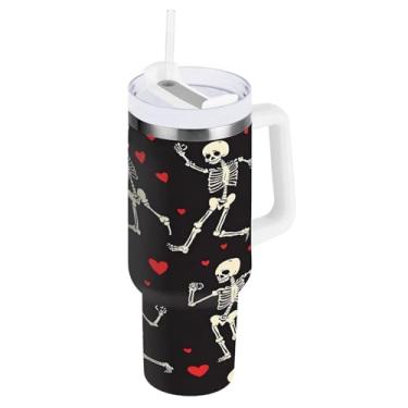 Imagem de STAYTOP Copo de caveira de Halloween de 850 g com tampa e canudo, copo isolado de aço inoxidável durável à prova de vazamento com alça, garrafas de água à prova de derramamento para viagens