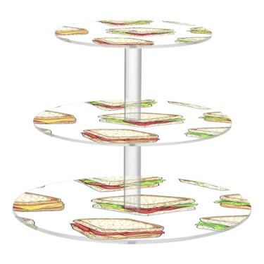 Imagem de CEBUGI Suporte de cupcake de 3 camadas, padrão de sanduíches, suporte redondo para bolo, torre, bandeja de servir em camadas de acrílico para chá, chá de bebê, casamento e mais
