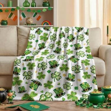Imagem de Horaldaily Cobertor de flanela de dia de São Patrício, chapéu de trevo branco, macio, felpudo, aconchegante, cobertores de lã para sofá, cama, descanso, presentes ideais para crianças e adultos, 127 x