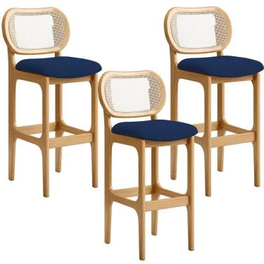 Imagem de Kit 03 Banquetas Altas Para Cozinha Bancada Sala Tela Betta Fixa L02 Suede Azul Marinho - Lyam