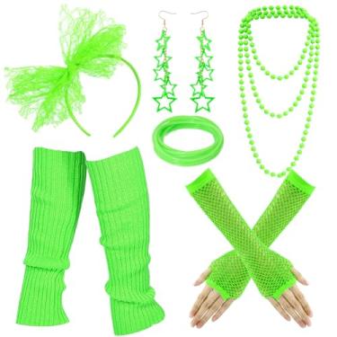 Imagem de Blulu Acessórios femininos para fantasia dos anos 80, renda, faixa de cabeça, brinco, luva arrastão, polainas, colar e pulseira para festa dos anos 80, Verde fluorescente, One Size