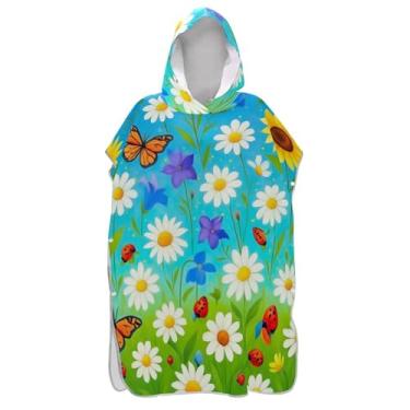 Imagem de TSENQUE Roupão para adultos poncho de surfe praia banho com capuz toalhas absorventes masculino poncho com capuz maximalismo flores silvestres colorido primavera