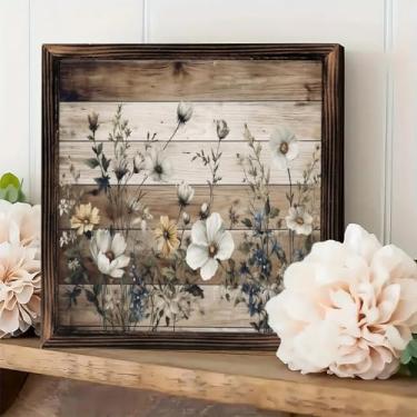 Imagem de Arte de parede emoldurada vintage rústica - flores crescendo contra tábuas de madeira decoração de mesa 20 x 20 cm - presentes para fazenda, cafés, lojas, quarto, banheiro, casa e escritório