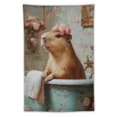 Imagem de Tapeçaria vintage de capivara na banheira para banheiro floral chalé para pendurar na parede, decoração de spa de animais fofos para banheiro, lavabo, casa de fazenda, boho, decoração de parede