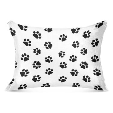Imagem de Capa de almofada decorativa branca com estampa de pata de cachorro preto com zíper para travesseiro padrão Queen King fronha fofa presente decoração de cama, tamanho king, 50,8 cm x 101,6 cm