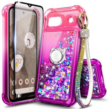 Imagem de WDHD Capa compatível com Google Pixel 8A rosa/roxo | Capa de telefone fofa com glitter flutuante cachoeira líquida com protetor de tela de vidro temperado e suporte de anel/cordão de pulseira de