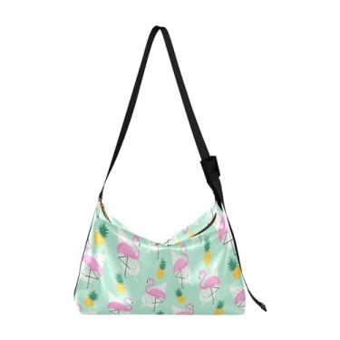 Imagem de Bolsa Hobo feminina de couro sintético com listras flamingo, bolsa tiracolo grande, estampa animal macia, bolsa Hobo feminina, Flamingos rosa verde tropical