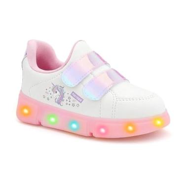 Imagem de Tênis Novopé Infantil Menina com LED, Unicórnio, Branco e Rosa, Solado Iluminado Colorido, Fechamento em Ajustável, Detalhes Holográficos (Branco Unicórnio, BR, Criança de 4 a 8 anos, Numérico, 27)