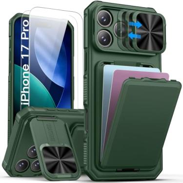 Imagem de SSLOTSCASE Capa para iPhone 17 Pro com 2 protetores de tela de vidro, HD Clarity antiarranhões, suporte para cartão, suporte e capa de lente deslizante, capa de telefone robusta e rígida para iPhone