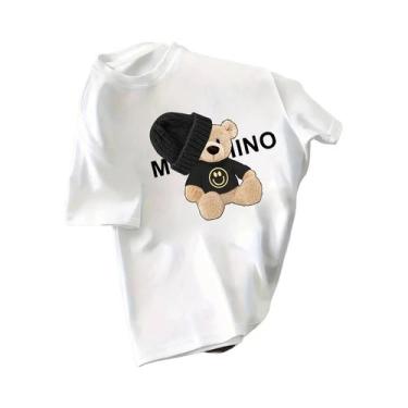 Imagem de Camiseta Gráfica Feminina Azul Claro De Manga Curta Com Decote Redondo