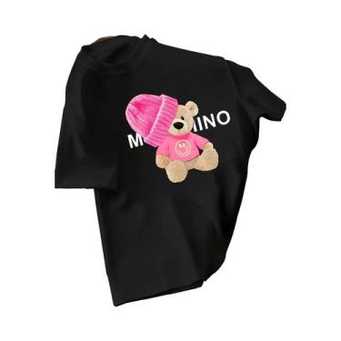 Imagem de Camiseta Gráfica Feminina Azul Claro De Manga Curta Com Decote Redondo