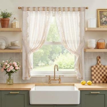 Imagem de jinchan Belrose Cortinas Florais de Linho Café 137 cm de Comprimento Bordado Cortinas de Casa de Fazenda para Cozinha, Quarto, Banheiro, Pequenas, Janelas, Conjunto de Cortinas Filtragem de Luz 2