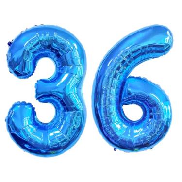 Imagem de GFIURNJVVBJH Balão de alumínio com 36 números, balão gigante de 81 cm para decoração de festa de aniversário de 36 anos, casamento, formatura, celebração, festa, azul, 36