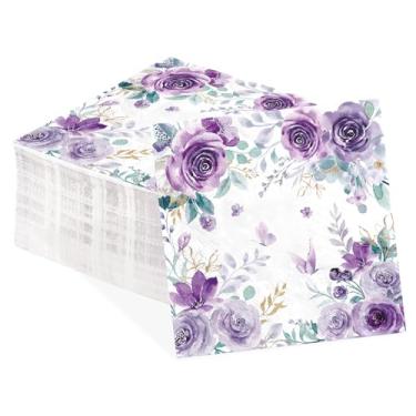 Imagem de 100 guardanapos de papel florais roxos, 3 camadas, borboleta, borboleta, descartáveis, toalhas de mão absorventes para primavera, verão, floral, festa, convidado, guardanapos para casamento, noiva