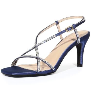 Imagem de Perphy Sandálias femininas de cetim com salto agulha cruzada, salto agulha e bico quadrado, Azul marinho, 37