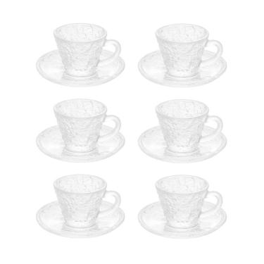 Imagem de Cj 6 Xícaras P/Café C/Pires de Cristal Martelado Petra Transparente 70ml Lyor