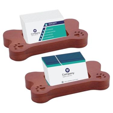 Imagem de UNICRAFTALE Conjunto de 3 suportes de cartão de osso de cachorro de madeira marrom coco suporte de cartão de visita mesa de escritório em forma de osso organizador de mesa abertura inclinada para
