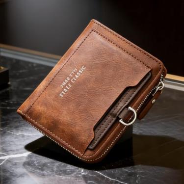 Imagem de Carteira masculina de couro curto com zíper, couro marrom claro macio com zíper (cinza-acinzentado)