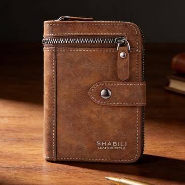 Imagem de Carteira masculina de negócios marrom claro portátil com listras abertas de couro macio, design aberto portátil para negócios com padrão listrado couro macio para uso confortável