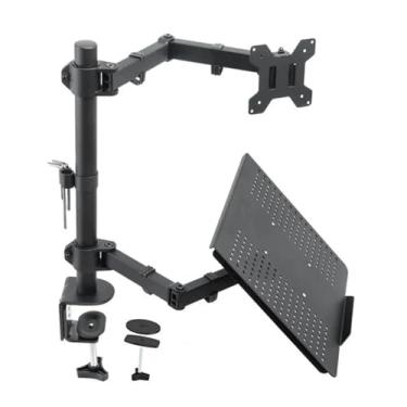 Imagem de BEGWVDJTP Suporte ajustável para monitor e laptop, com bandeja para laptop, suporte de braço duplo para monitores de 17 a 23 polegadas