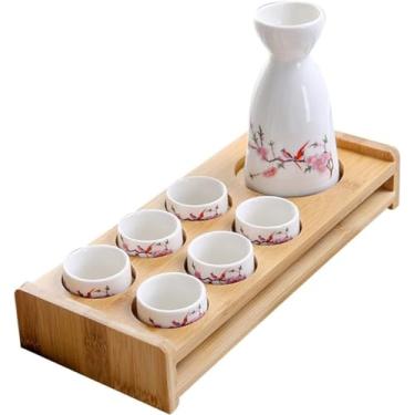 Imagem de Conjunto de saquê japonês, conjuntos de servir saquê de cerâmica tradicional, 8 peças incluem 1 pote e 6 xícaras, com prateleiras de armazenamento para vasos de saquê e copos de saquê, planta