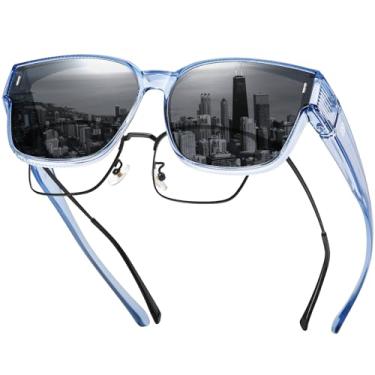 Imagem de DUCO Óculos de sol Fit Over para homens e mulheres, óculos de sol polarizados, proteção UV400, DC8981, Lente cinza com armação azul transparente B, common