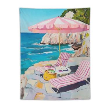 Imagem de Tapeçaria rosa para guarda-sol e cadeiras, penhasco costeiro, vista para o oceano, pintura a óleo, vibrante, decoração de parede, tema de praia, decoração de casa para quarto, sala de estar, ambiente