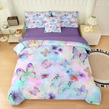 Imagem de Yadangxiawa Jogo de cama Queen com estampa de borboleta, 6 peças, para adolescentes, com 1 colcha + 1 lençol de cima + 1 lençol com elástico + 2 fronhas + 1 capa de almofada (Queen borboleta)