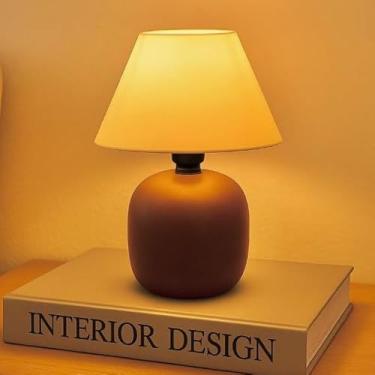 Imagem de Abajur de cerâmica com luminária de dupla voltagem e abajur, adequado para decoração de quartos, escritórios, salas de estar e quartos infantis. Lâmpada padrão E27.(Marrom)