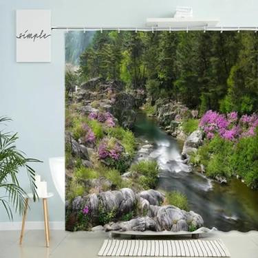 Imagem de Cortina de chuveiro com paisagem de floresta de cachoeira, cenário natural, decoração de banheiro, plantas verdes, flores, pedras, cortina de banheira, 77 x 94 pol. x 195 x 240 cm/LxA, cortinas de