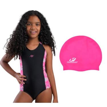 Imagem de Kit Maiô Infantil Natação Piscina + Touca Silicona Grande (Preto/Estampa Pink Fada - Touca Pink, 6)