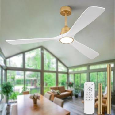 Imagem de Ventiladores de teto brancos e dourados de 152 cm com luzes e controle remoto, ventilador de teto externo de madeira de 3 lâminas com ventiladores de teto externos para pátios, ventilador de teto de